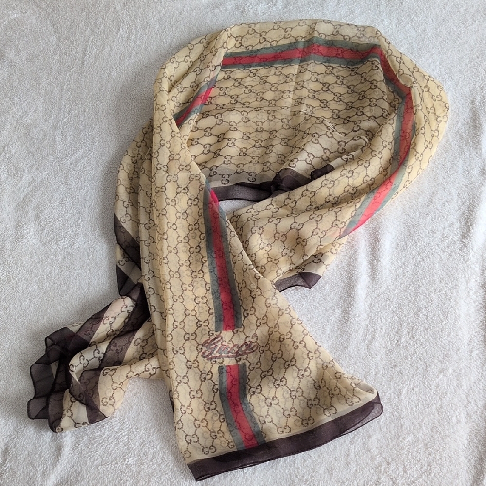 Gucci Silk Scarf in Cream and Brown
